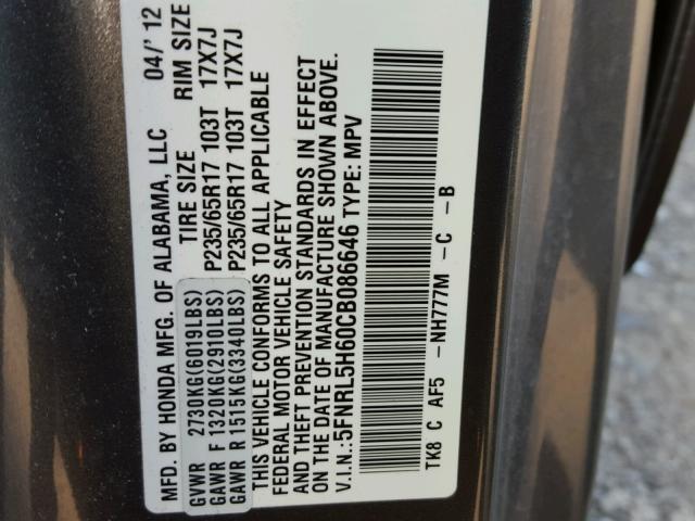 5FNRL5H60CB086646 - 2012 HONDA ODYSSEY EX GRAY photo 10