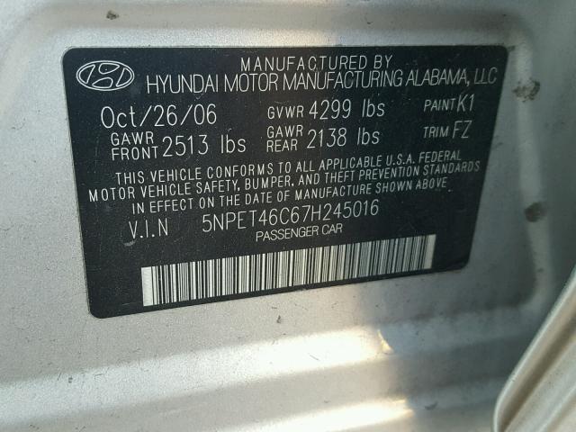 5NPET46C67H245016 - 2007 HYUNDAI SONATA GLS GRAY photo 10