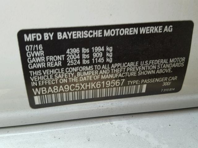 WBA8A9C5XHK619567 - 2017 BMW 320 I WHITE photo 10