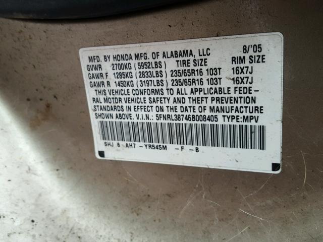 5FNRL38746B008405 - 2006 HONDA ODYSSEY EX TAN photo 10