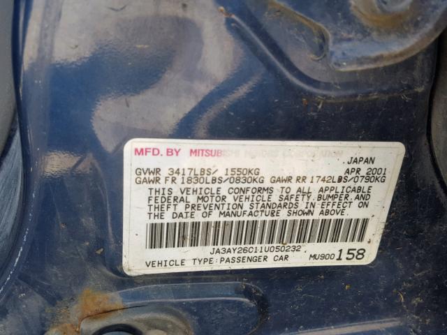 JA3AY26C11U050232 - 2001 MITSUBISHI MIRAGE ES BLUE photo 10