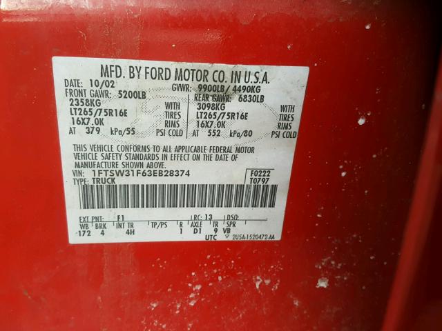 1FTSW31F63EB28374 - 2003 FORD F350 SRW S RED photo 10