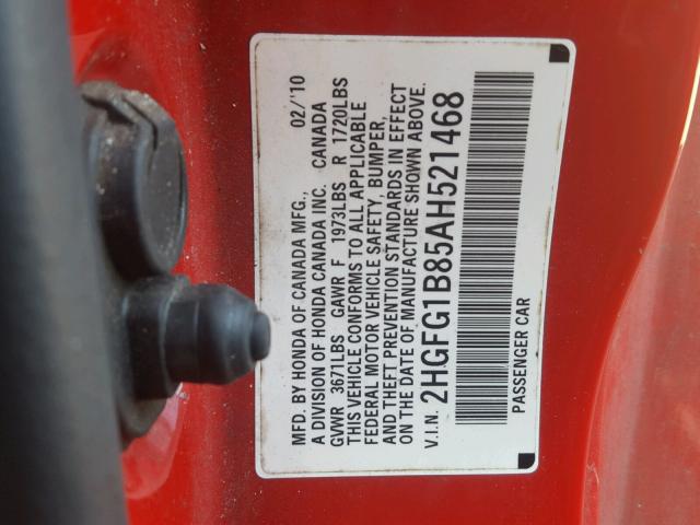 2HGFG1B85AH521468 - 2010 HONDA CIVIC EX RED photo 10