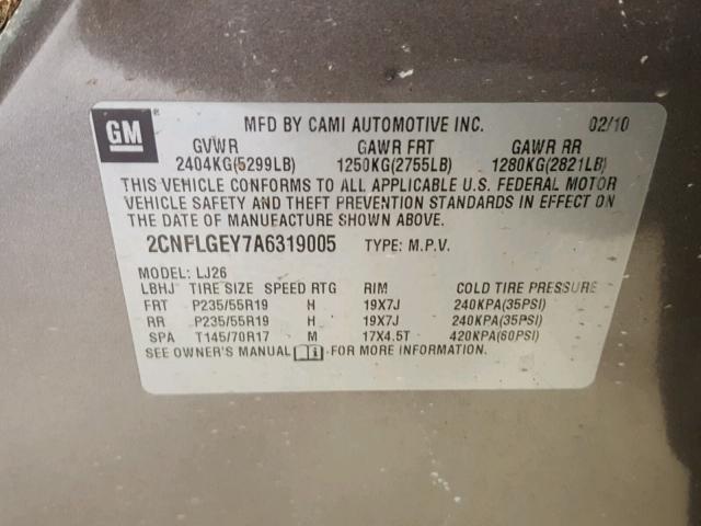 2CNFLGEY7A6319005 - 2010 CHEVROLET EQUINOX LT TAN photo 10