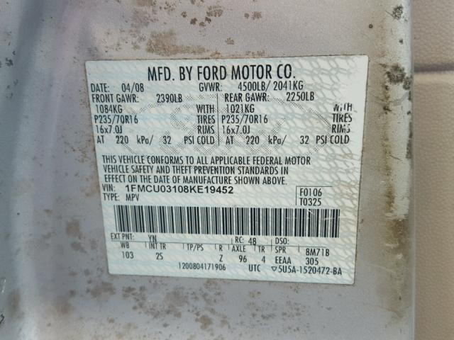 1FMCU03108KE19452 - 2008 FORD ESCAPE XLT SILVER photo 10