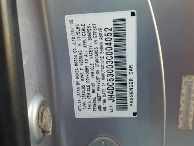 JH4DC53003C004052 - 2003 ACURA RSX TYPE-S SILVER photo 10