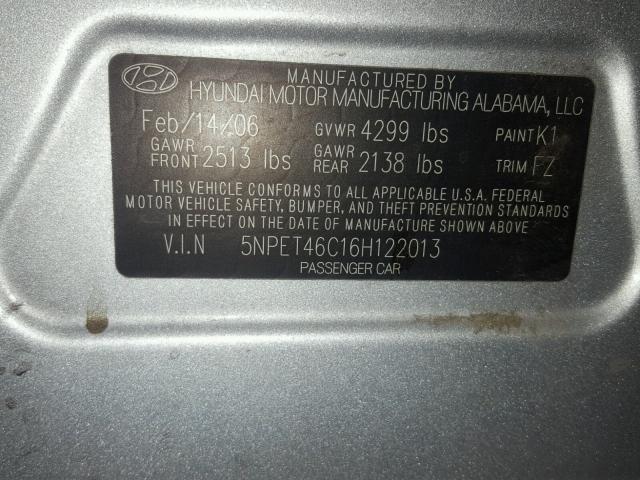 5NPET46C16H122013 - 2006 HYUNDAI SONATA GL SILVER photo 10