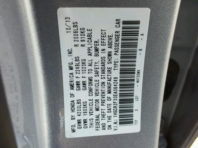 1HGCR2F30EA064249 - 2014 HONDA ACCORD LX SILVER photo 10