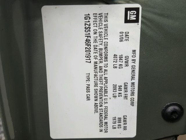 1G1ZS51F46F201917 - 2006 CHEVROLET MALIBU LS მწვანე ფოტო 10