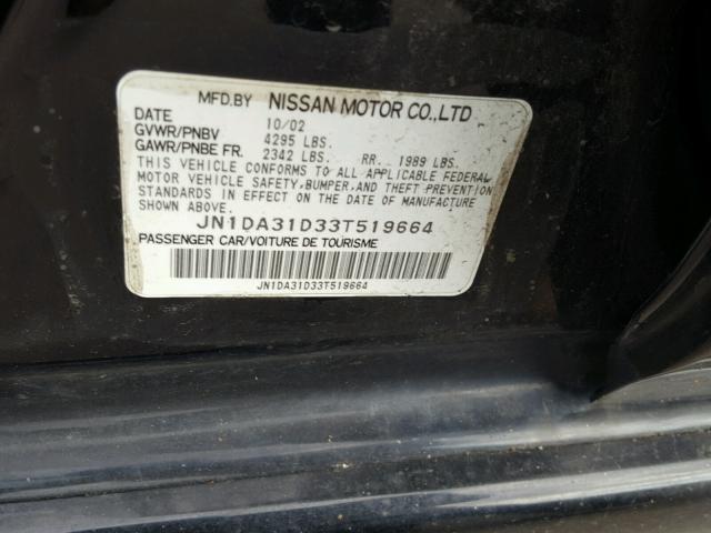 JN1DA31D33T519664 - 2003 NISSAN MAXIMA GLE BLACK photo 10