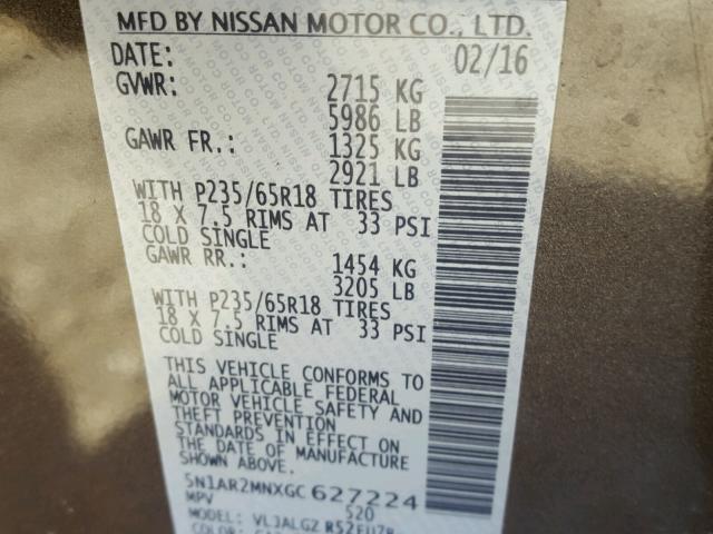 5N1AR2MNXGC627224 - 2016 NISSAN PATHFINDER BROWN photo 10