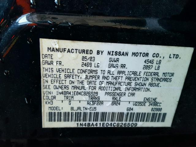 1N4BA41E04C826509 - 2004 NISSAN MAXIMA SE BLACK photo 10