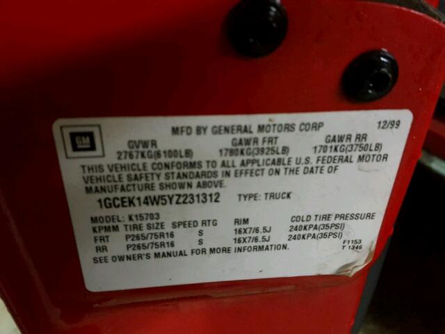 1GCEK14W5YZ231312 - 2000 CHEVROLET SILVERADO RED photo 10