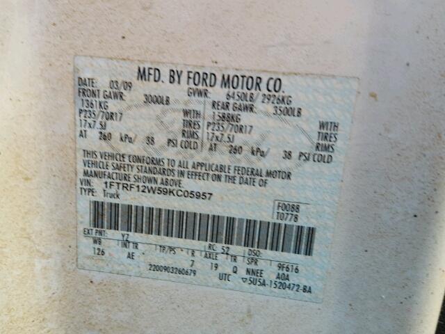 1FTRF12W59KC05957 - 2009 FORD F150 WHITE photo 10