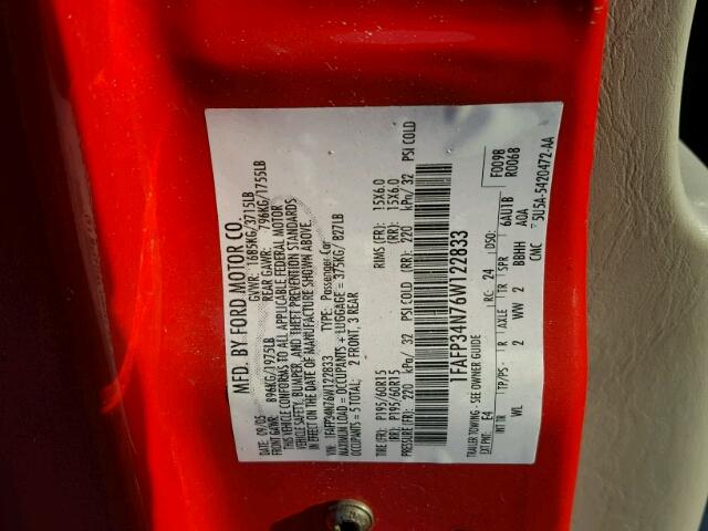 1FAFP34N76W122833 - 2006 FORD FOCUS ZX4 RED photo 10