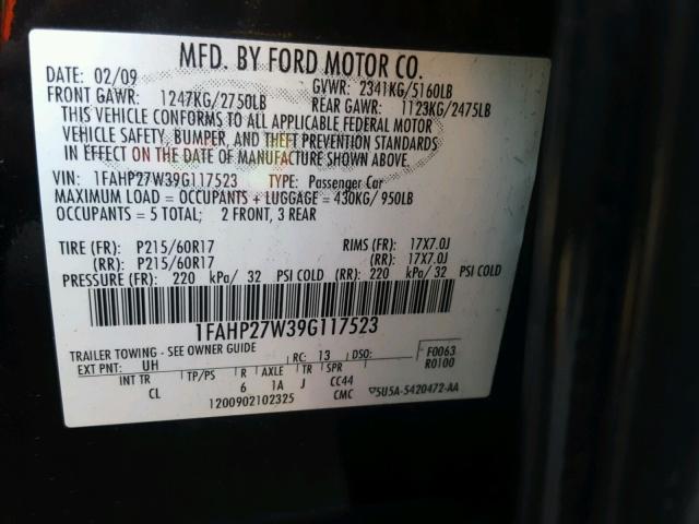 1FAHP27W39G117523 - 2009 FORD TAURUS SEL BLACK photo 10