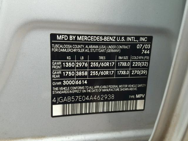 4JGAB57E04A462938 - 2004 MERCEDES-BENZ ML 350 SILVER photo 10