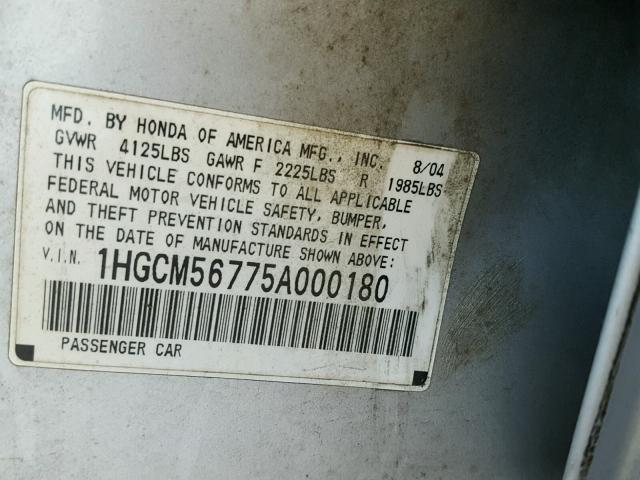 1HGCM56775A000180 - 2005 HONDA ACCORD EX SILVER photo 10