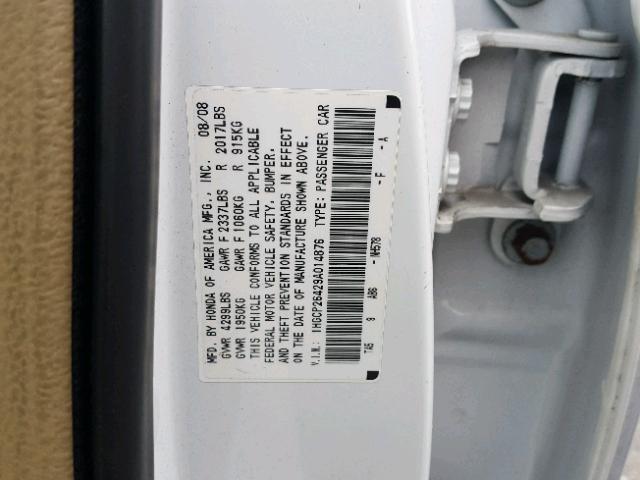 1HGCP26429A014876 - 2009 HONDA ACCORD LXP WHITE photo 10