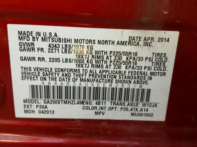 4A4AR3AUXEE028310 - 2014 MITSUBISHI OUTLANDER RED photo 10