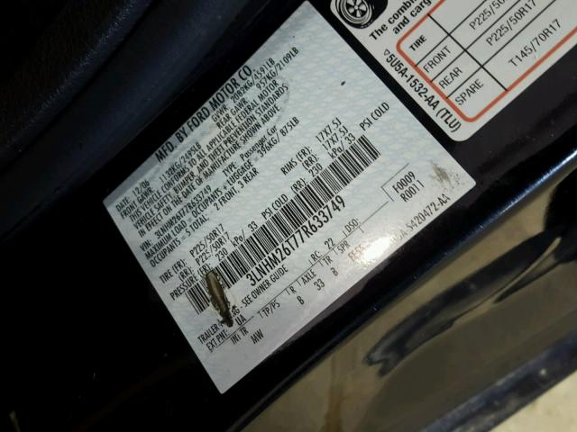 3LNHM26T77R633749 - 2007 LINCOLN MKZ BLACK photo 10