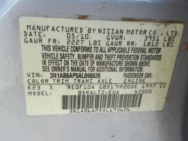 3N1AB6AP5AL698626 - 2010 NISSAN SENTRA 2.0 SILVER photo 10