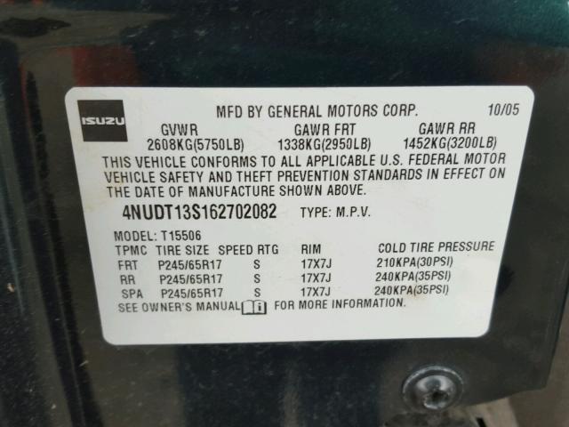 4NUDT13S162702082 - 2006 ISUZU ASCENDER S 绿色 照片 10