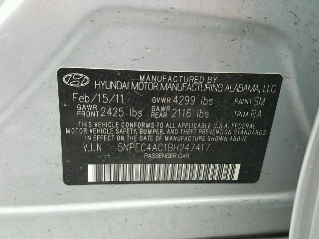 5NPEC4AC1BH247417 - 2011 HYUNDAI SONATA SE 银色 照片 10