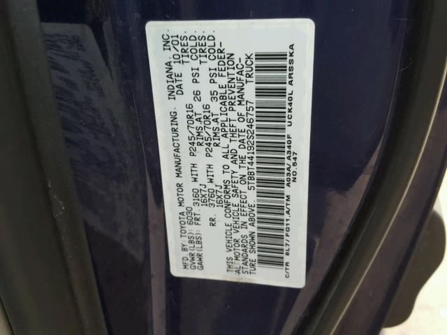 5TBBT44192S246757 - 2002 TOYOTA TUNDRA ACC BLUE photo 10