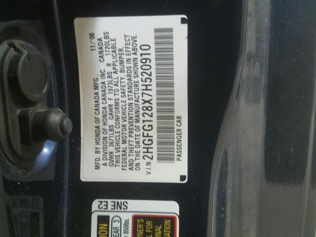 2HGFG128X7H520910 - 2007 HONDA CIVIC EX ლურჯი ფოტო 10