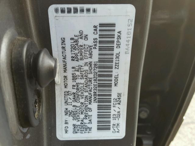 1NXBR32E18Z027281 - 2008 TOYOTA COROLLA CE GRAY photo 10