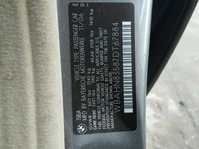 WBAHN83587DT67884 - 2007 BMW 750 GRAY photo 10