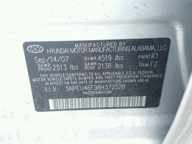 5NPEU46F98H372528 - 2008 HYUNDAI SONATA SE SILVER photo 10