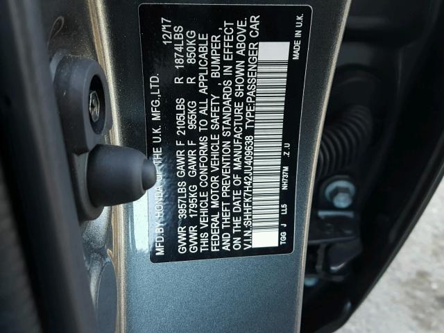 SHHFK7H42JU409638 - 2018 HONDA CIVIC SPOR GRAY photo 10