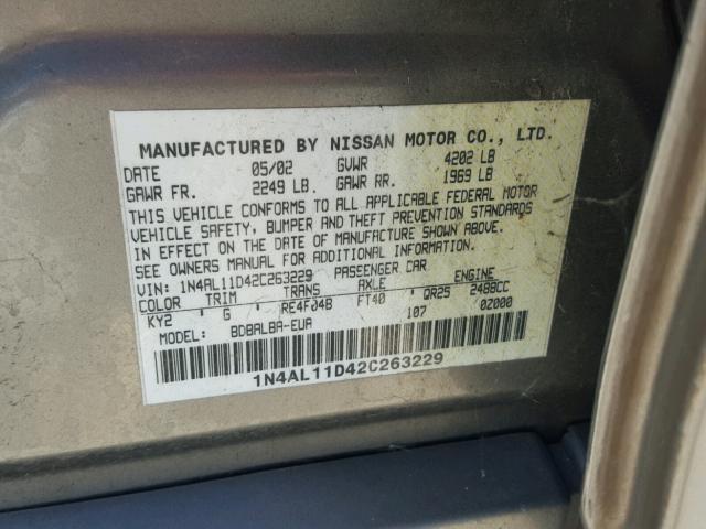 1N4AL11D42C263229 - 2002 NISSAN ALTIMA BAS CHARCOAL photo 10