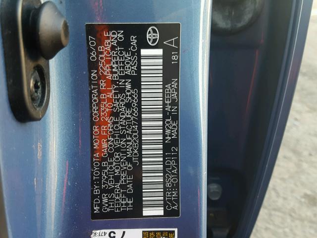 JTDKB20U477669665 - 2007 TOYOTA PRIUS BLUE photo 10