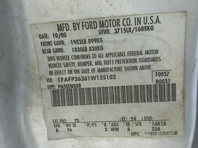 1FAFP36361W155102 - 2001 FORD FOCUS SE SILVER photo 10