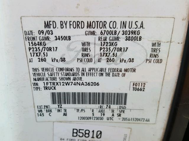 1FTRX12W74NA36206 - 2004 FORD F150 WHITE photo 10