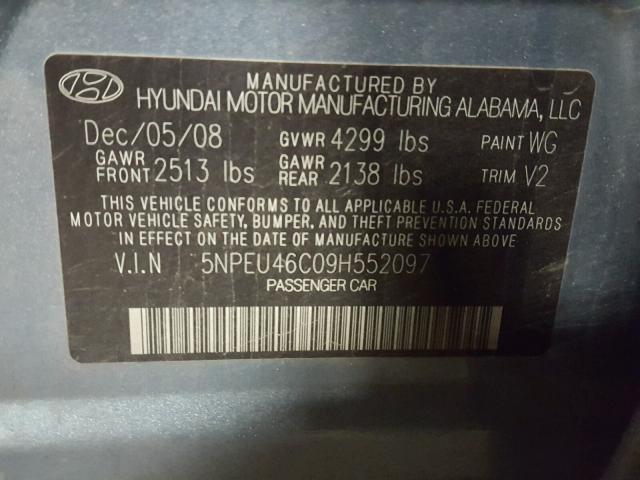 5NPEU46C09H552097 - 2009 HYUNDAI SONATA SE BLUE photo 10