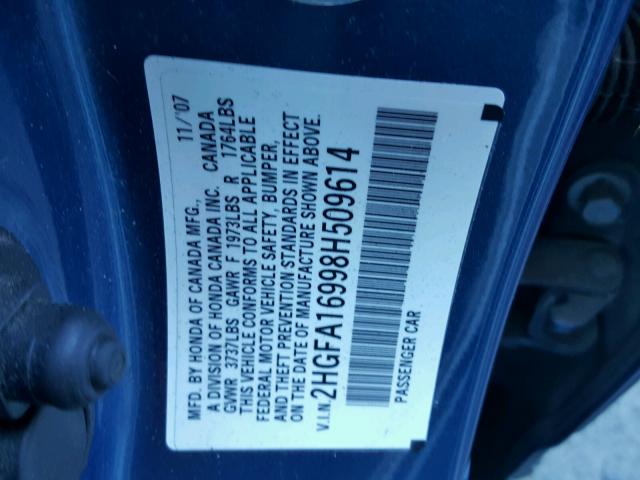 2HGFA16998H509614 - 2008 HONDA CIVIC EXL BLUE photo 10