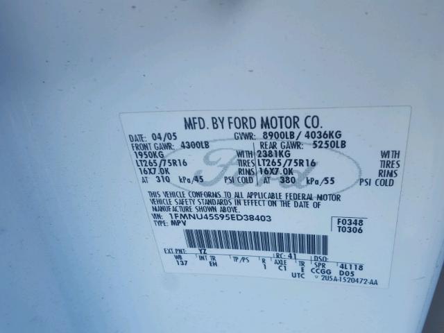 1FMNU45S95ED38403 - 2005 FORD EXCURSION WHITE photo 10