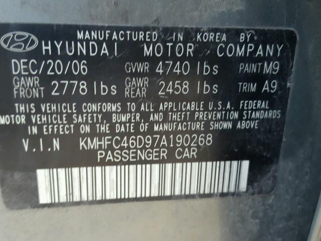 KMHFC46D97A190268 - 2007 HYUNDAI AZERA GLS GREEN photo 10