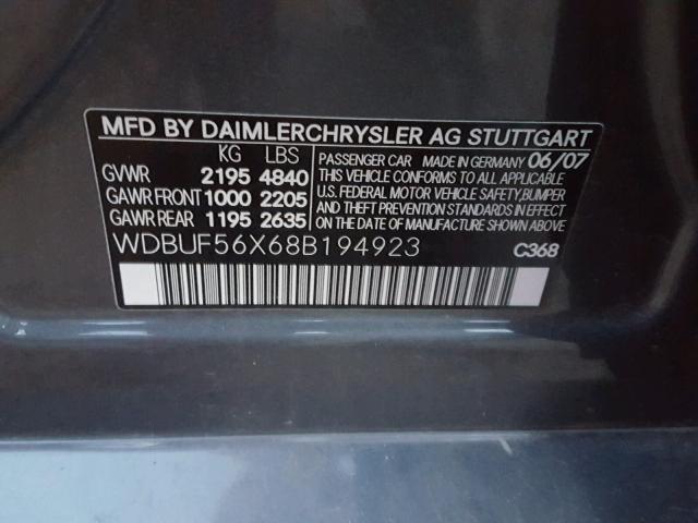 WDBUF56X68B194923 - 2008 MERCEDES-BENZ E 350 GRAY photo 10