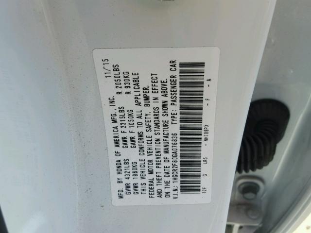 1HGCR2F80GA076836 - 2016 HONDA ACCORD EXL WHITE photo 10