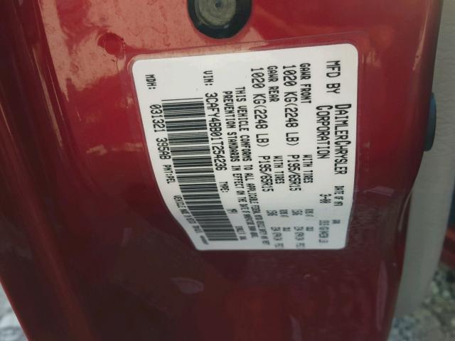 3CAFY4BB01T254236 - 2001 CHRYSLER PT CRUISER BURGUNDY photo 10