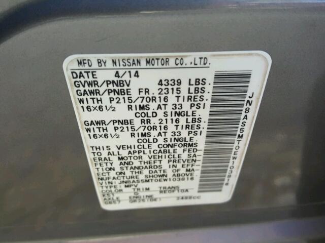 JN8AS5MT0EW103816 - 2014 NISSAN ROGUE SELE GRAY photo 10