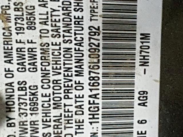 1HGFA16876L092792 - 2006 HONDA CIVIC EX ნაცრისფერი ფოტო 10