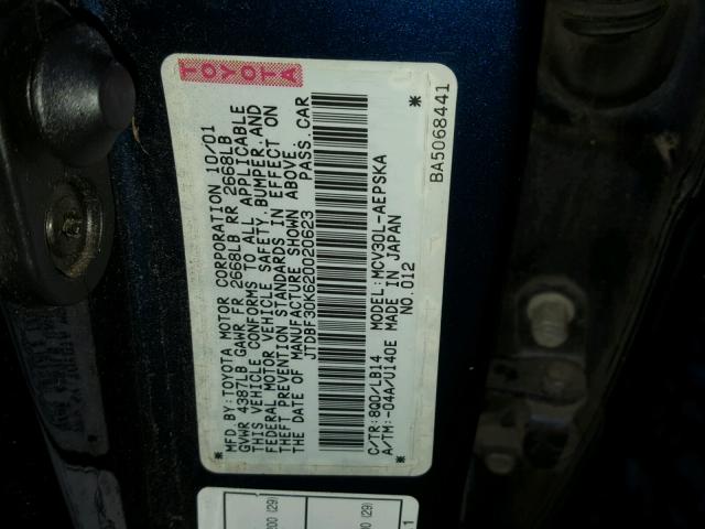 JTDBF30K620020623 - 2002 TOYOTA CAMRY LE BLUE photo 10