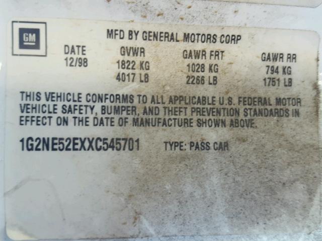 1G2NE52EXXC545701 - 1999 PONTIAC GRAND AM S WHITE photo 10