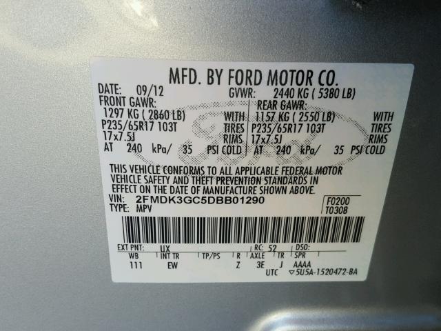 2FMDK3GC5DBB01290 - 2013 FORD EDGE SE SILVER photo 10